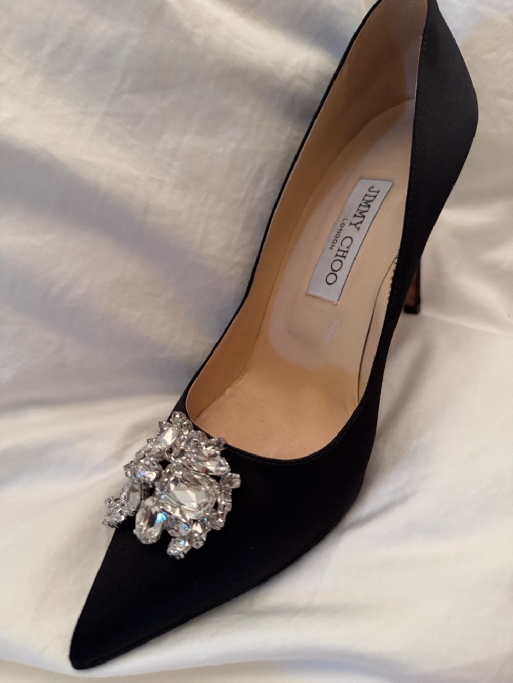 Jimmy Choo Black Satin Crystal Embellished Pumps Size 39- Box & Dust Bag